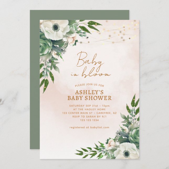 Invitation Baby in Bloom Sage Baby shower vert (Devant / Derrière)