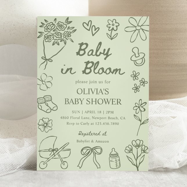 Invitation Baby in Bloom Sage Green Hand Drawn Baby Shower (Créateur téléchargé)