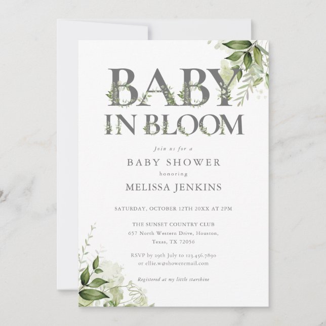 Invitation Baby In Bloom verdure Floral Baby Shower (Devant)