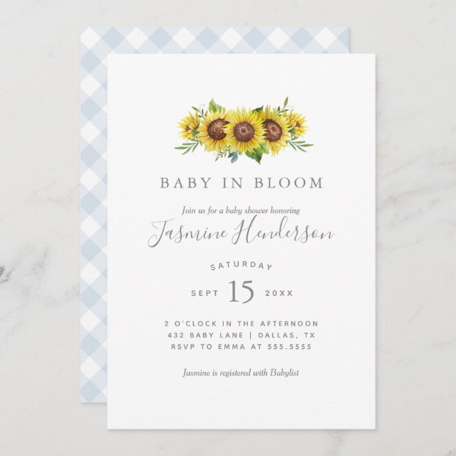 Invitation Baby in Bloom Watercolor Baby shower de tournesol  (Devant / Derrière)
