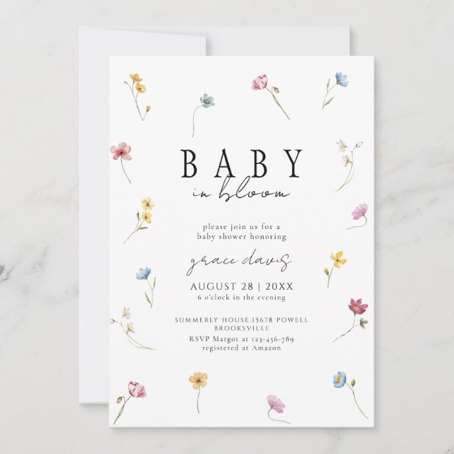 Invitation Baby in bloom Wildflower baby shower (Devant)