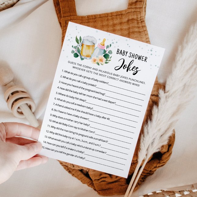 Invitation Baby Is Brewing Baby Shower Jokes Game with Answer (Beer and Floral Baby is Brewing Baby Shower Jokes Game Card)