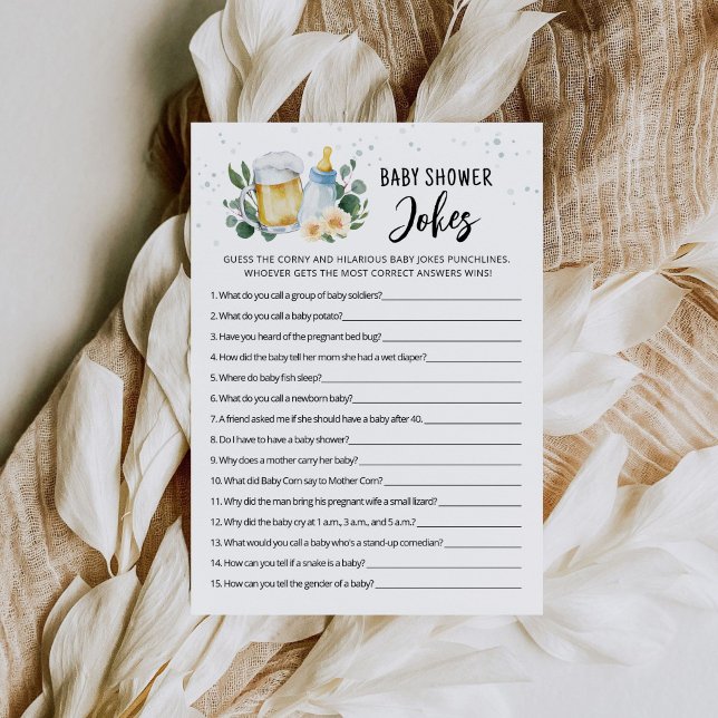 Invitation Baby Is Brewing Baby Shower Jokes Game with Answer (Beer and Floral Baby is Brewing Baby Shower Jokes Game Card)