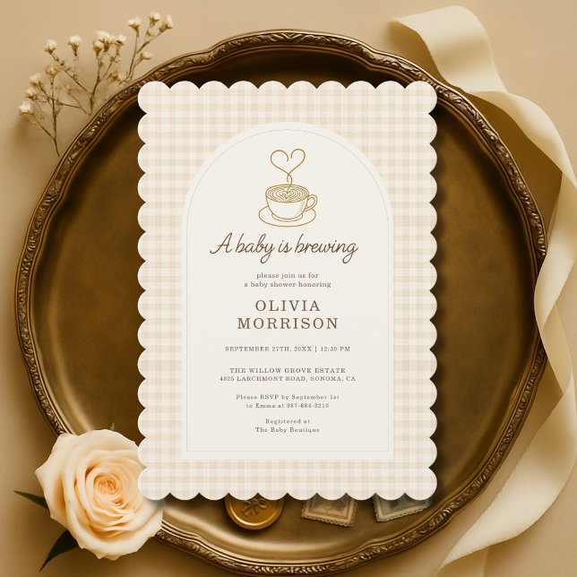 Invitation Baby is Brewing Coffee Gingham Baby Shower (Créateur téléchargé)