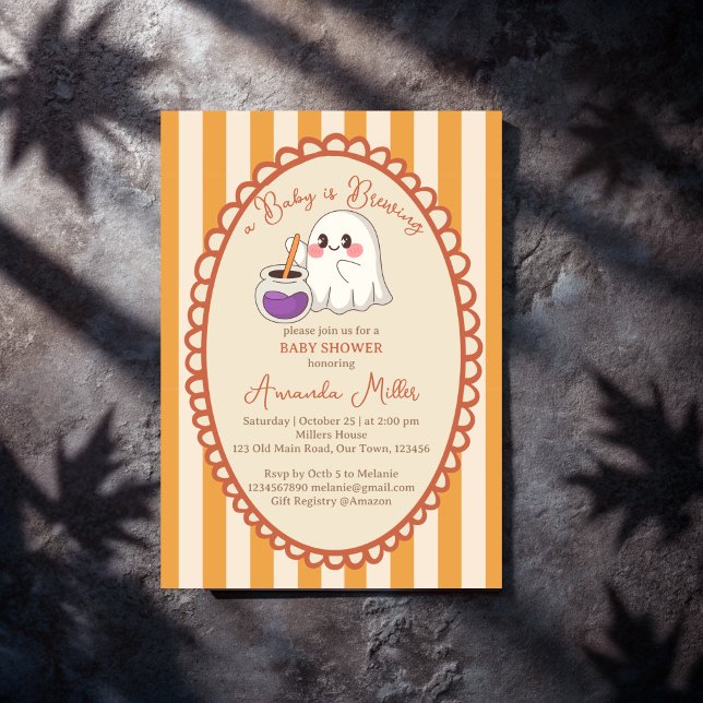 Invitation Baby is brewing cute ghost Halloween baby shower (Baby is brewing cute ghost retro stripes Halloween baby shower Invitation cards template)