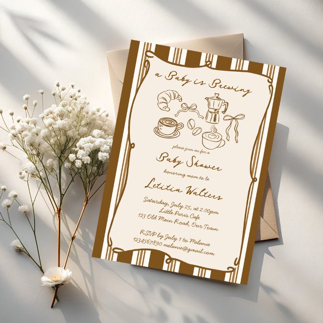 Invitation Baby is brewing retro stripes coffee baby shower (Baby is brewing retro brown stripes coffee baby shower invitation cards template hand drawn coffee)