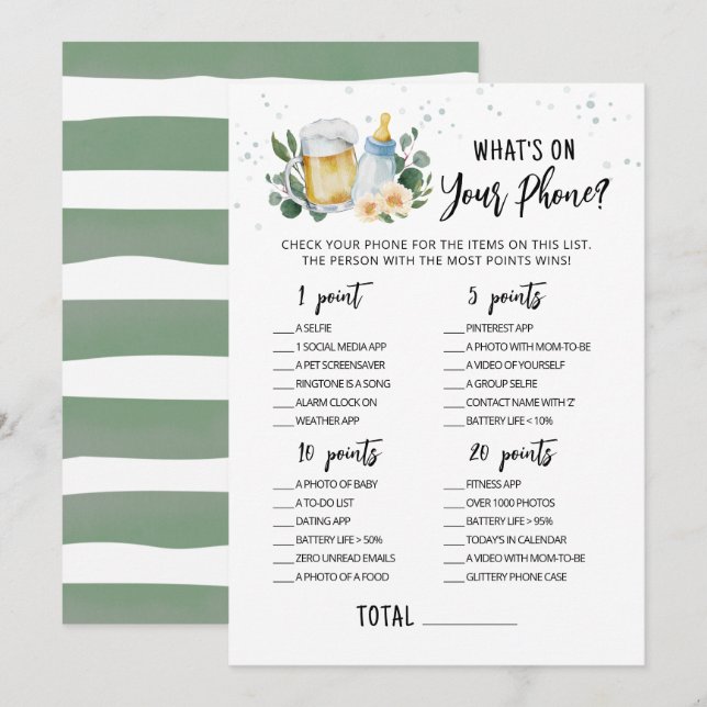 Invitation Baby Is Brewing What's On Your Phone Game Card (Devant / Derrière)