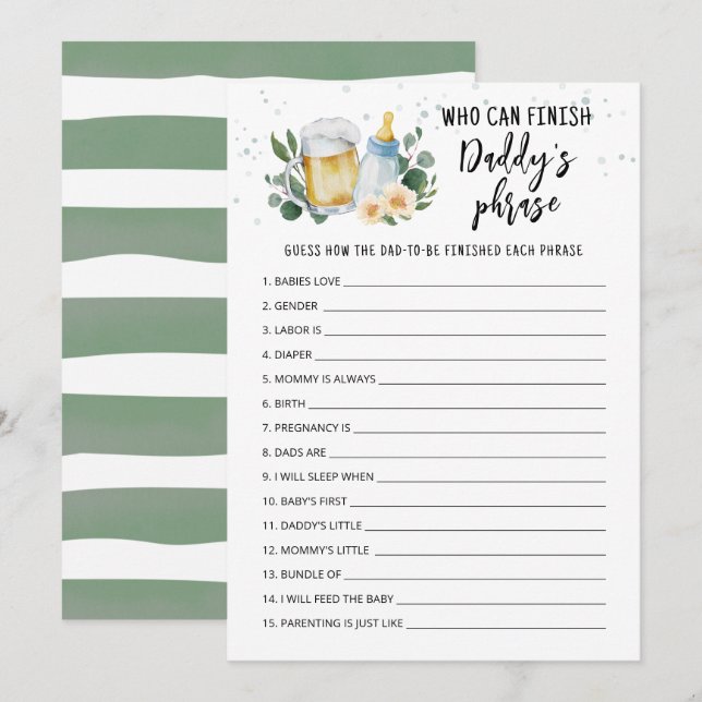 Invitation Baby Is Brewing Who can finish Daddy's phrase card (Devant / Derrière)