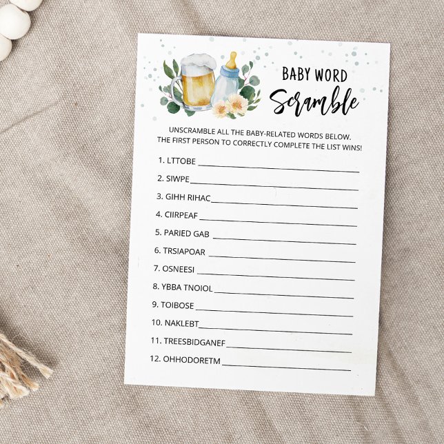 Invitation  Baby Is Brewing Word Scramble Baby Shower Card (Beer Sage Green Baby Shower Baby Word Scramle Game)