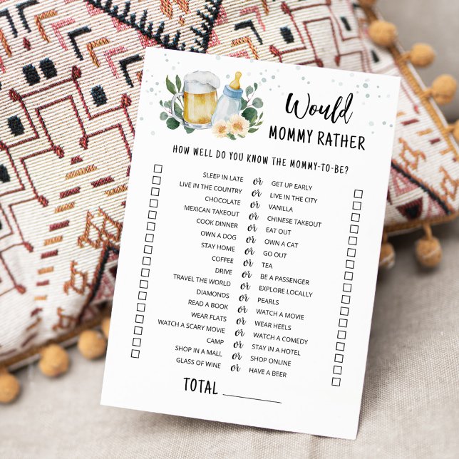 Invitation Baby Is Brewing Would Mommy Rather Game Card (Beer Sage Green Baby Shower Would Mommy Rather Game)