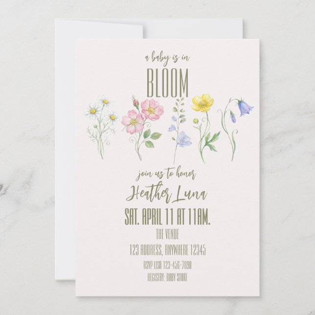 Invitation Baby is in Bloom, Single Flowers Baby Shower (Devant)