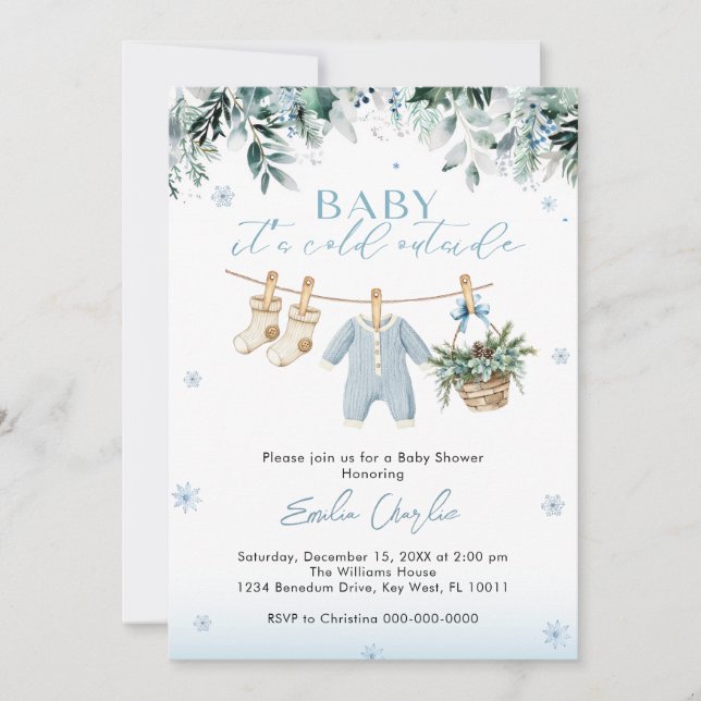 Invitation Baby it's Cold Outside Blue Clothes  Baby Shower  (Devant)