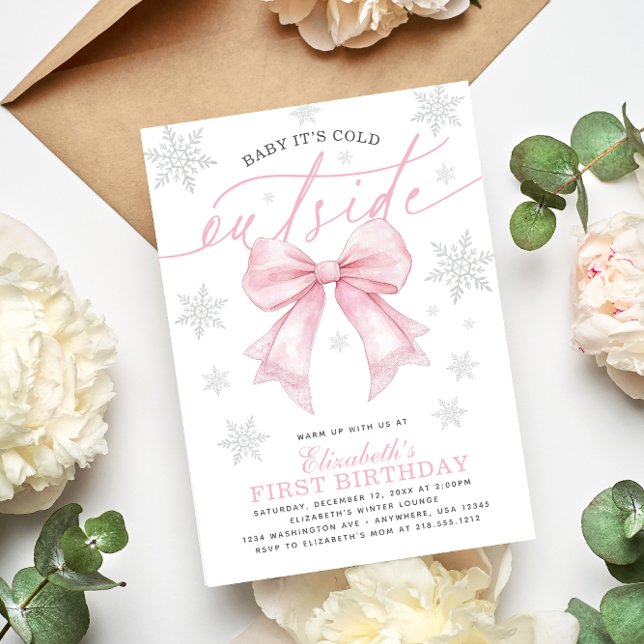 Invitation Baby Its Cold Outside Coquette Pink Bow Birthday (Baby Its Cold Outside Coquette Pink Bow Birthday Invitation)