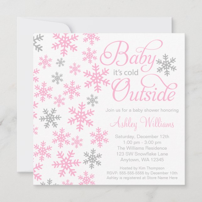 Invitation Baby It's Cold Outside Fête de Naissance Rose Gris (Devant)