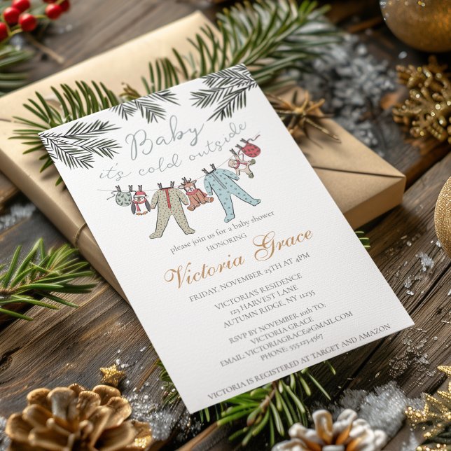 Invitation Baby It's Cold Outside Gender Neutral Baby shower (Cute Baby It's Cold Outside Winter Baby Shower Invitations. Xmas Baby Pajamas, Stuffed Animals, Pine)