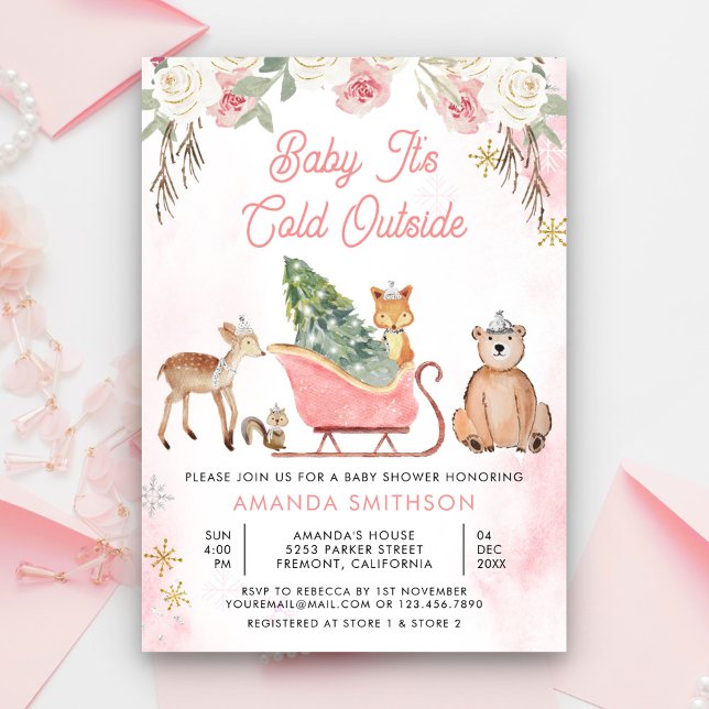 Invitation Baby It's Cold Outside Pink Sleigh Baby Shower (Créateur téléchargé)
