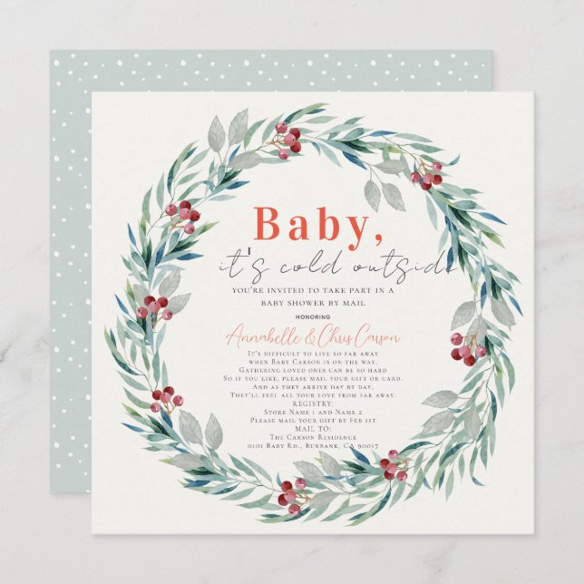 Invitation Baby It's Cold Outside Wreath Baby shower par cour (Devant / Derrière)