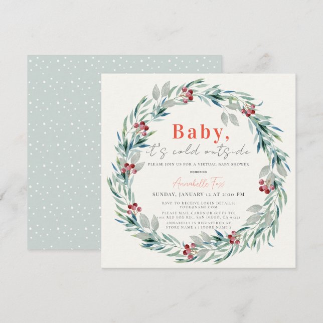 Invitation Baby It's Cold Outside Wreath Baby shower virtuel (Devant / Derrière)