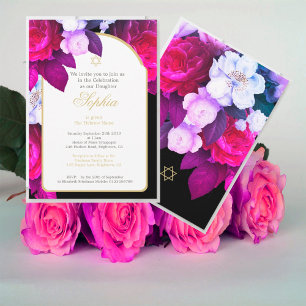 Invitation Baby juif qui nomme Floral Purple Black Gold