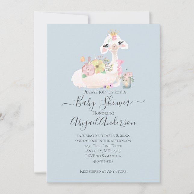 Invitation Baby Llama avec Fleurs Blanc et Bleu Baby Boy (Devant)