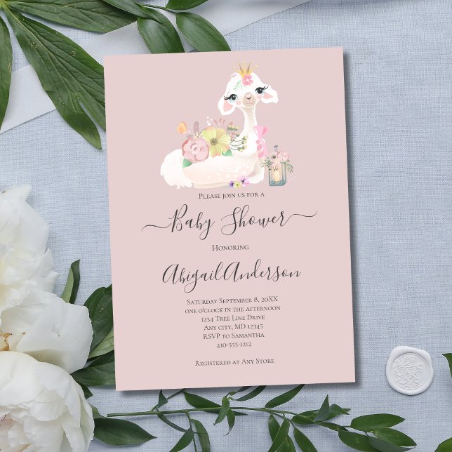 Invitation Baby Llama Fleurs Blanches Roses Baby Shower (Llama Pink White Baby Shower Invitation)