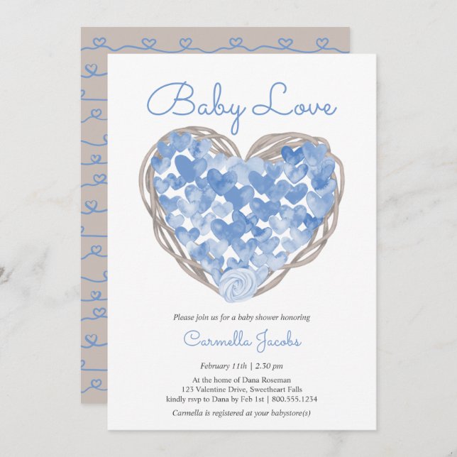 Invitation Baby Love Blue Hearts Rustic Boy Baby shower (Devant / Derrière)