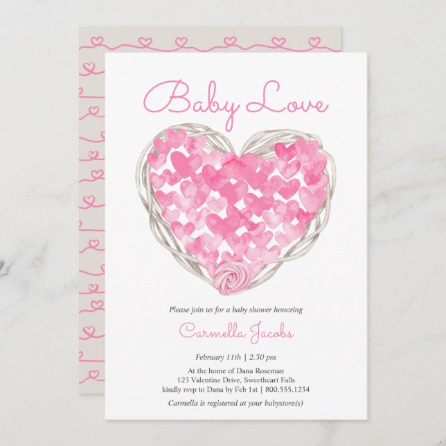 Invitation Baby Love Coeurs roses Rustic Girl Baby shower (Devant / Derrière)