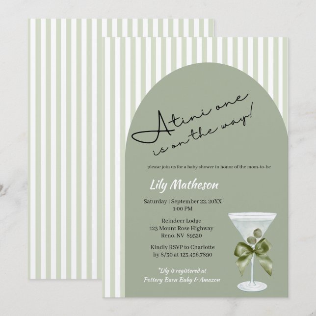 Invitation Baby Martini 'tini-un' Baby Shower (Devant / Derrière)