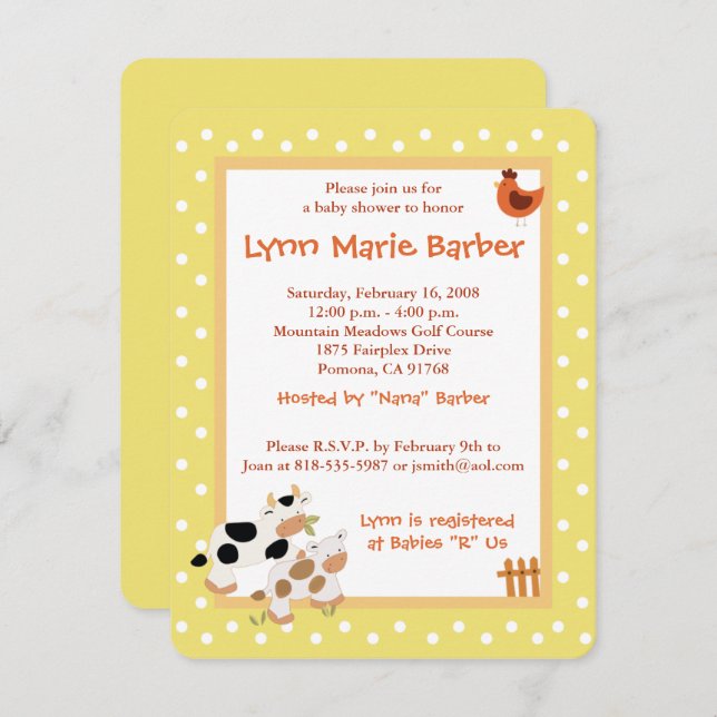 Invitation Baby Moo Cow Farm Yard Baby shower Jaune (Devant / Derrière)