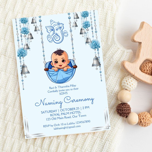 Invitation Baby Naming Cradle Cérémonie indienne Cérémonie bl (Baby Naming Cradle Indian Namkarana Ceremony blue for a boy template invitation digital download)