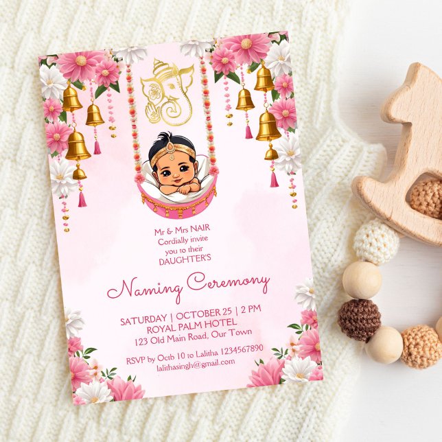 Invitation Baby Naming Cradle Indian Cérémonie modèle rose (Baby Naming Cradle Indian Ceremony girls pink invitation  template digital download Namkarana cute)