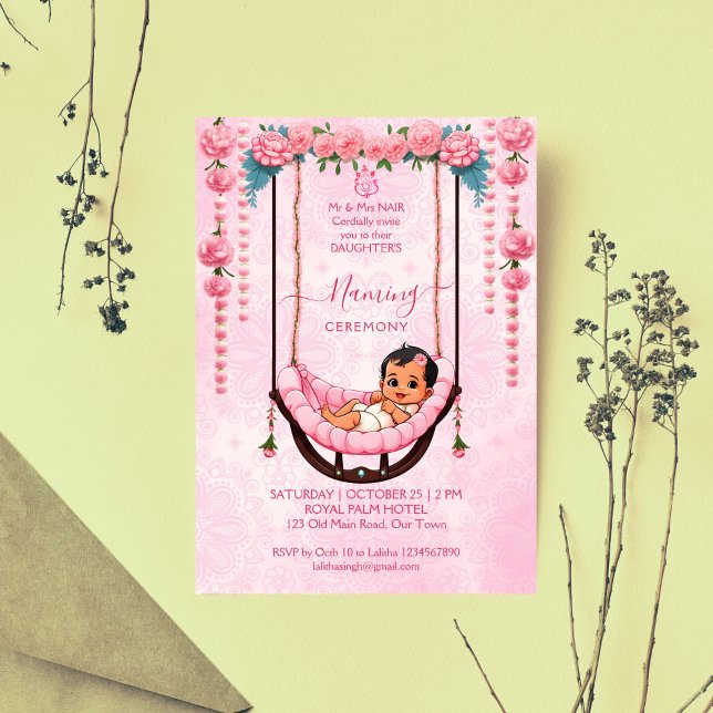 Invitation Baby Naming Cradle Indian Cérémonie modèle rose (Baby Naming Cradle Indian Ceremony pink cute girl editable template invitation digital download)