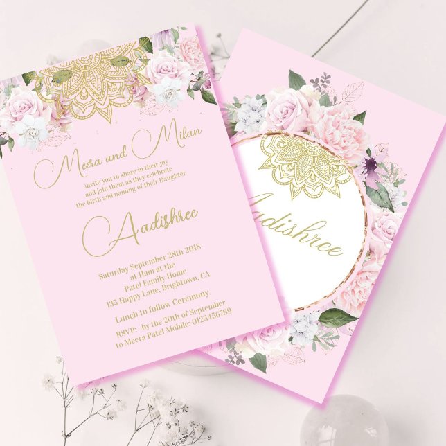 Invitation Baby Naming Hindu Namkaran Ceremony Pink Floral (Créateur téléchargé)