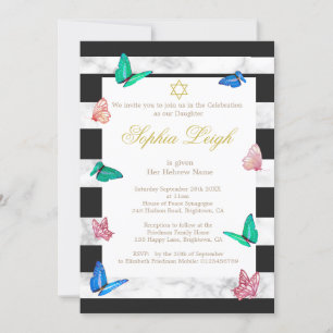 Invitation Baby Naming Jewish Black White Stripe Papillon