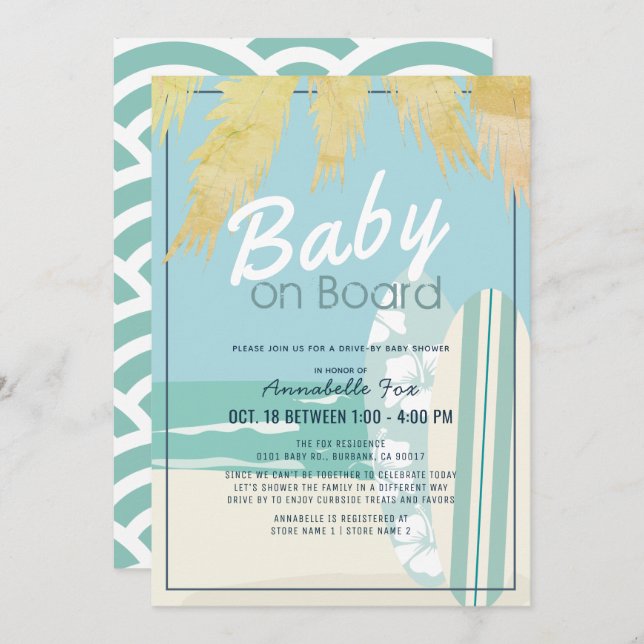Invitation Baby on Board Beach Surf Boy Baby shower Drive by  (Devant / Derrière)