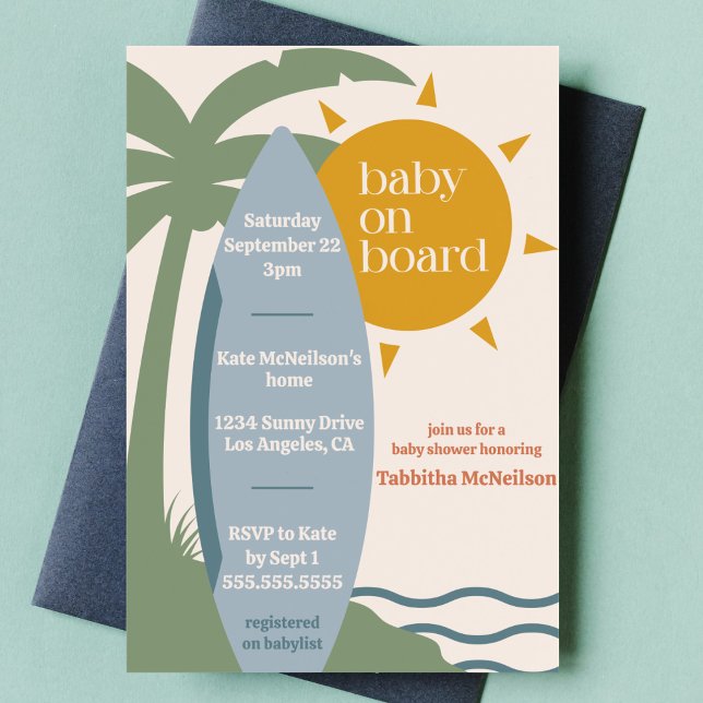 Invitation "Baby on board" Beach Surfing Ocean Baby shower ("baby on board" cute surfing ocean theme baby boy shower nautical sea surfboard tropical invitation)