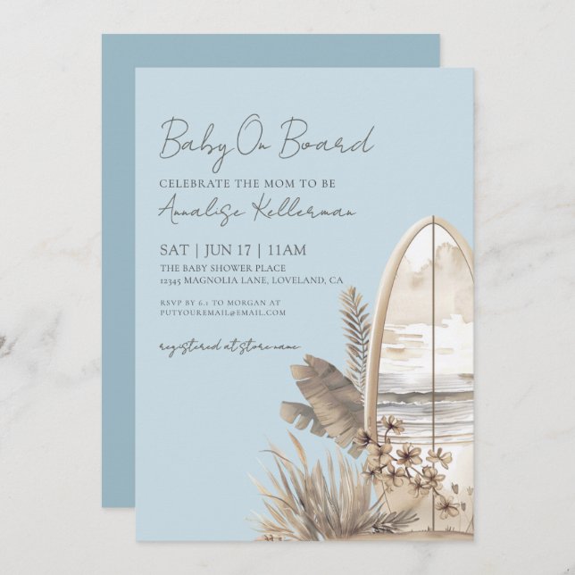 Invitation Baby On Board Blue Boho Beach Baby Shower (Devant / Derrière)