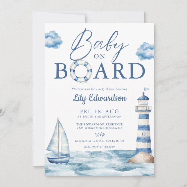 Invitation Baby On Board Blue Nautical Baby Shower (Devant)