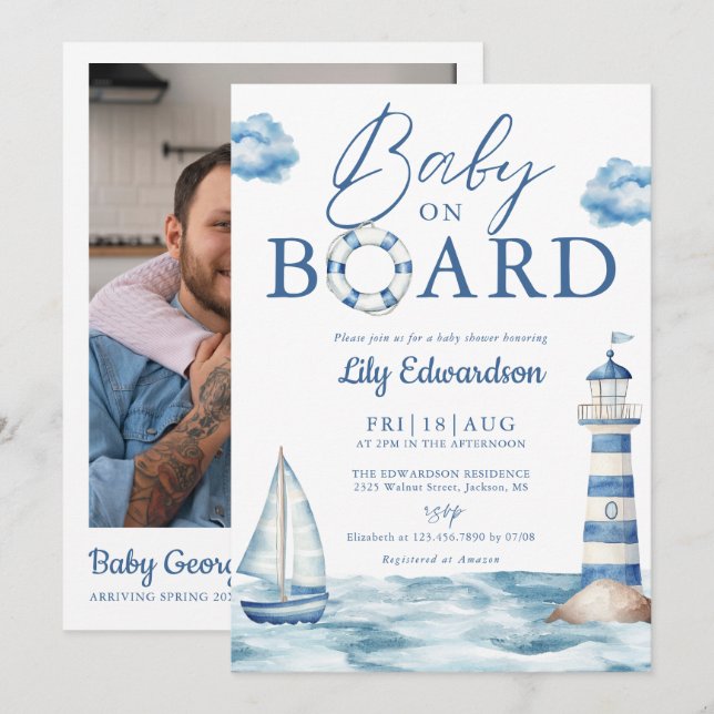 Invitation Baby On Board Nautical Shower Photo QR Code (Devant / Derrière)