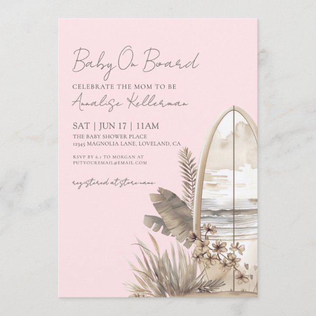 Invitation Baby On Board Pink Boho Beach Baby Shower (Devant)