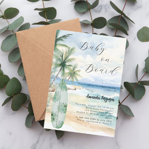 Invitation Baby on Board surf Baby shower de plage tropicale