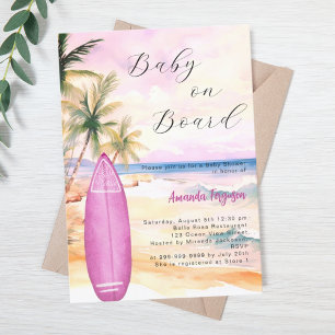 Invitation Baby on Board surf Baby shower fille rose
