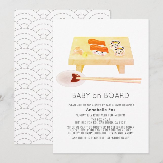 Invitation Baby on Board Sushi Drive-by Baby shower (Devant / Derrière)