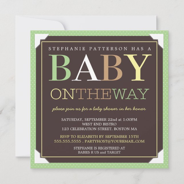 Invitation Baby On the way Modern Green & Brown Baby shower (Devant)