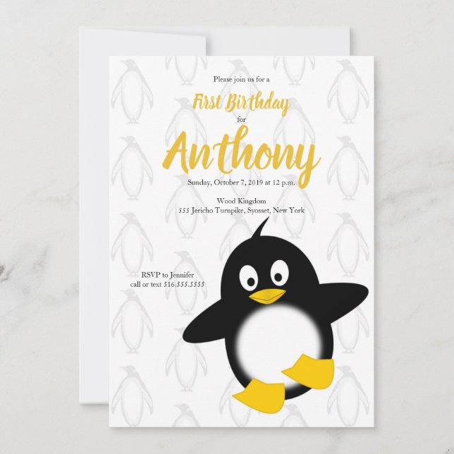 Invitation Baby Penguin Jaune Noir Premier Anniversaire (Devant)