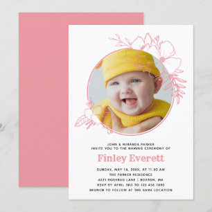 Invitation Baby Photo Rose Floral Frame Cérémonie de Naming