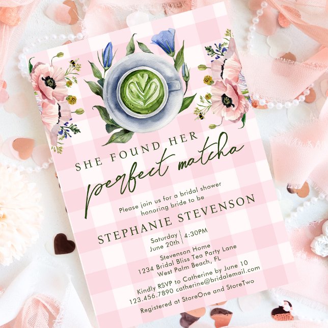 Invitation Baby-Pink Gingham et Thème Matcha Parfait pour une (Créateur téléchargé)