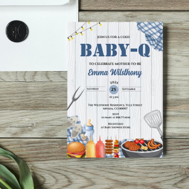 Invitation Baby-Q Baby Shower Boy Rustic BBQ Backyard Plaid  (Baby-Q bbq rustic barbecue picnic spring summer garden party barbeque baby shower invitation boy )