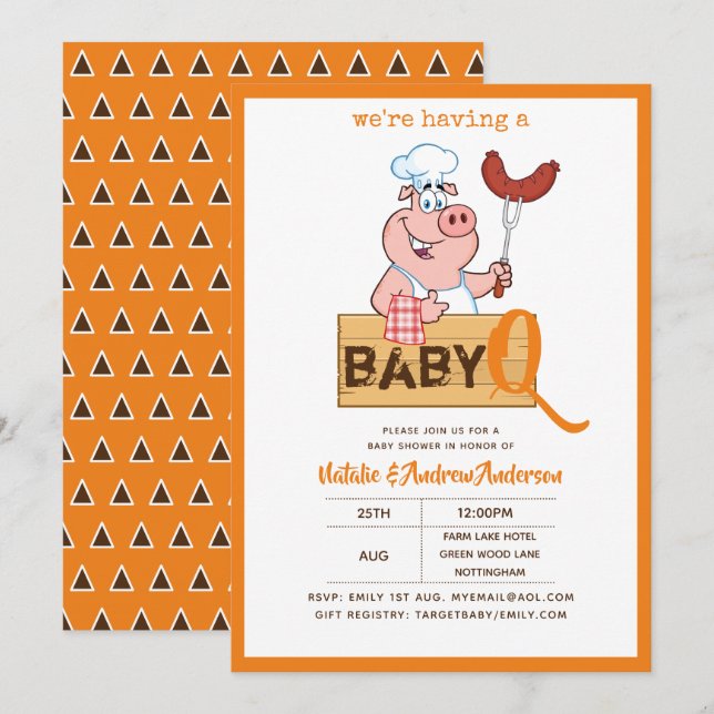 Invitation Baby-Q BBQ Cute Cochon Chef Moderne Garçon Fille (Devant / Derrière)
