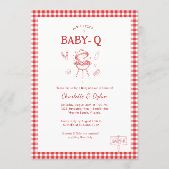 Invitation Baby-Q BBQ Moderne Gingham Rouge Fête de Naissance (Devant)